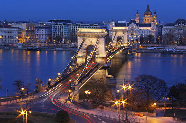 Suspension Bridge Art Print featuring the photograph Chain Bridge At Night by Romeo Reidl