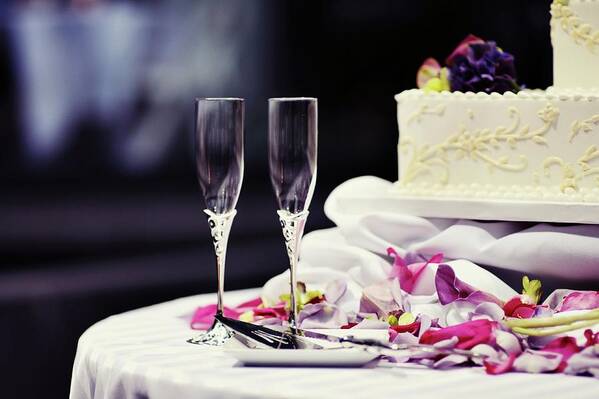 Empty Art Print featuring the photograph Champagne Flutes And Wedding Cake by Photography By Karolina King