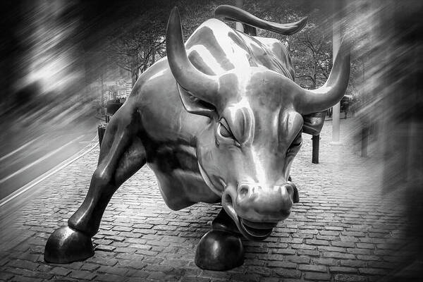 Wall Street Bull Art Print featuring the photograph Charging Bull Wall Street Black and White by Carol Japp
