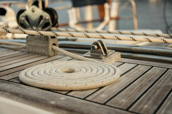 Sailboat Art Print featuring the photograph Coiled Line, Rope, On Teak Deck Of 62 by Gary S Chapman