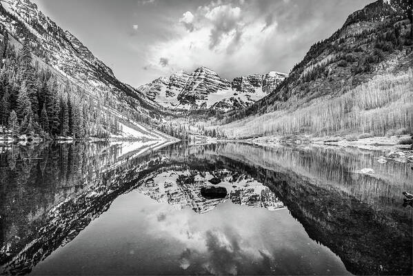 America Art Print featuring the photograph Colorado Maroon Bells Mountainous Landscape - Black and White by Gregory Ballos