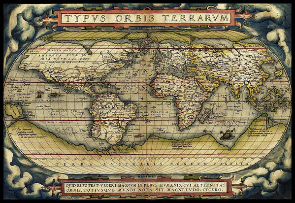Cosmos-ortelius World Map 1570 Art Print featuring the mixed media Cosmos-ortelius World Map 1570 by Vintage Lavoie