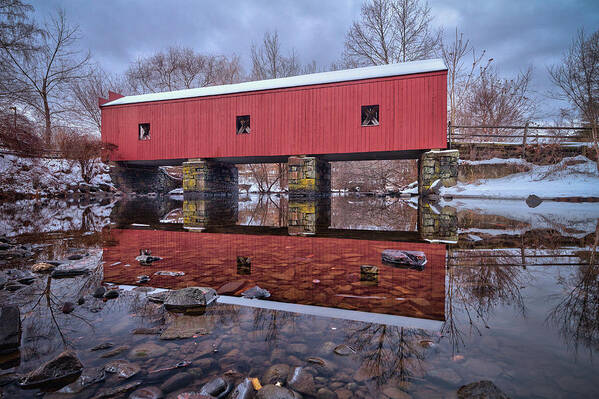 Tranquility Art Print featuring the photograph Covered Bridge During The Winter by Enzo Figueres