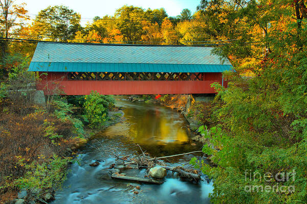 Creamery Covered Bridge Art Print featuring the photograph Creamery Covered Bridge Fall Foliage by Adam Jewell