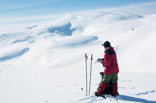 Ski Pole Art Print featuring the photograph Cross Country Skier Navigating In by Bjarte Rettedal