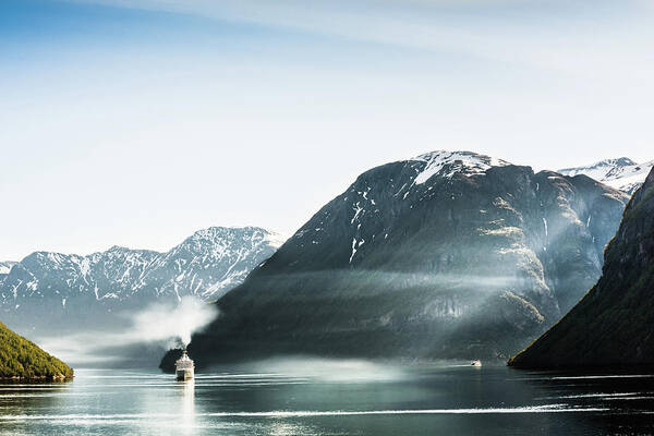 Scenics Art Print featuring the photograph Cruise Boat Passes Geiranger Fjord by Cartagena Photo By David Cartagena