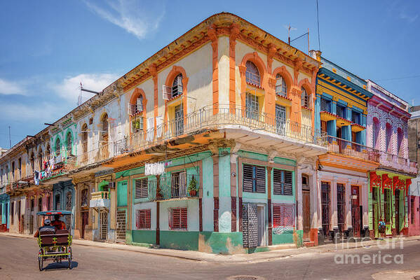 Cuba Art Print featuring the photograph Cuban architecture, colorful street corner in Havana by Delphimages Photo Creations