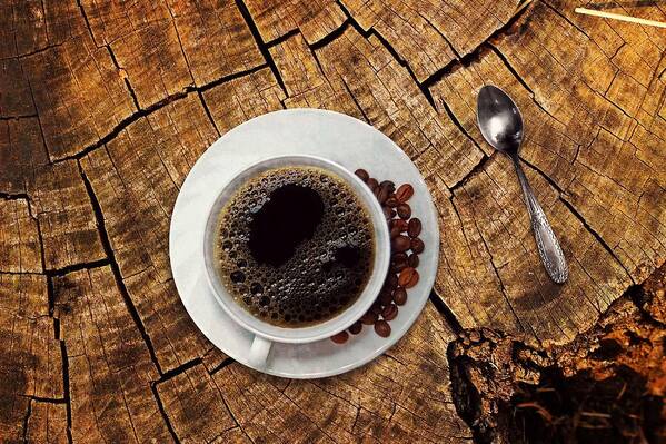 Photo Art Print featuring the photograph Cup of coffe on wood by Top Wallpapers