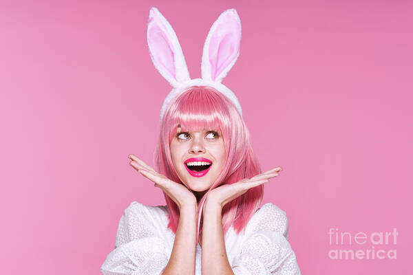 Skin Art Print featuring the photograph Cute Girl With Rabbit Ears, Easter by Shotprime