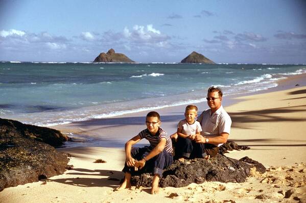 Kid Art Print featuring the painting Dad and kids kaul beach Red Kodachrome slides from the 1950 by Celestial Images