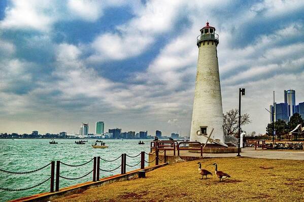 Detroit Art Print featuring the photograph Detroit river Light House and Geese DSC_0096 by Michael Thomas