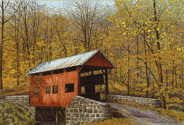 Covered Bridge With Trees Around It Art Print featuring the painting Devil's Den Bridge by Thelma Winter