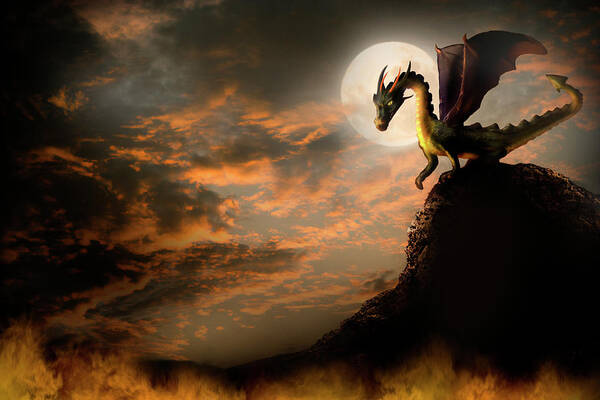 Dramatic Sky Art Print featuring the digital art Dragon On A Rock by -asi