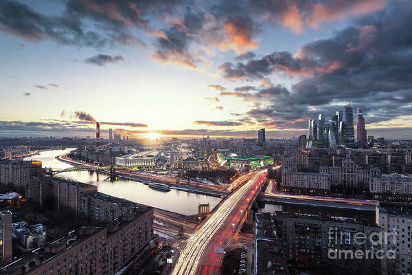 Curve Art Print featuring the photograph Dramatic Cityscape Of Moscow by Sergey Alimov