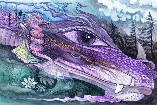 Animals Art Print featuring the painting Dual Dragons by Adria Trail