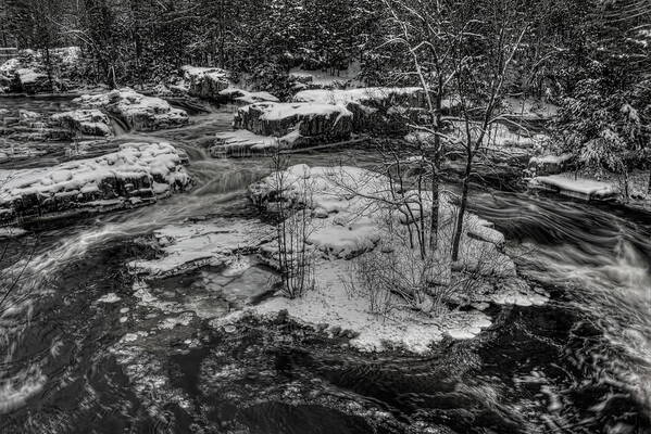 Eau Claire Dells Art Print featuring the photograph Eau Claire Dells Snow Covered Island BW by Dale Kauzlaric