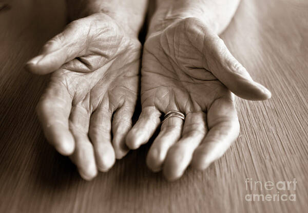 People Art Print featuring the photograph Elderly Womans Open Hands by Tbradford