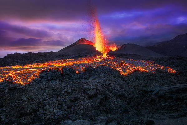 Volcano Art Print featuring the photograph Fire At Blue Hour! by Barathieu Gabriel