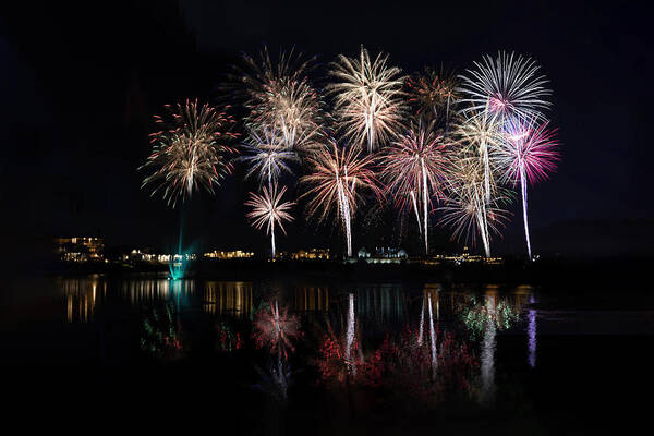 Water Art Print featuring the photograph Fireworks by Qing Zhao