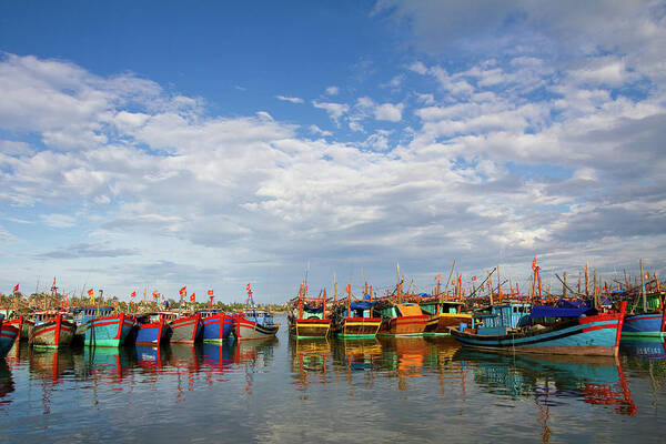 In A Row Art Print featuring the photograph Fishing Boats, Vietnam, Dong Hoi by Sam Spicer
