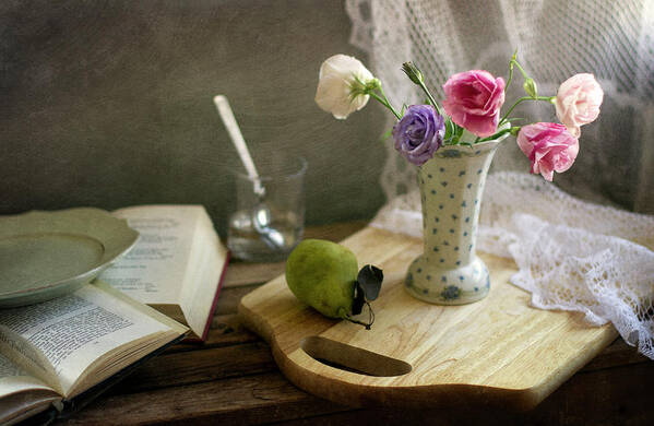 Vase Art Print featuring the photograph Flower Vase And Pear On Board by Copyright Anna Nemoy(xaomena)