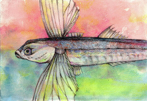 Flying Fish Art Print featuring the pastel Flying Fish from Barbados by AnneMarie Welsh