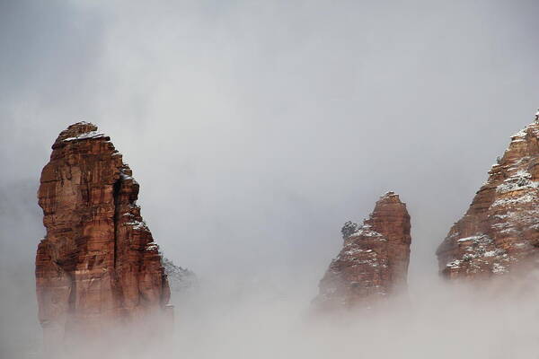 Scenics Art Print featuring the photograph Fog Red Rock Snow Mountain Heaven by Sassy1902