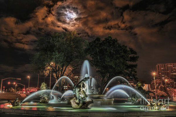 Moon Art Print featuring the photograph Full Moon at the Fountain by Lynn Sprowl
