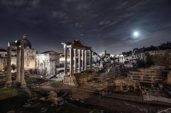 Tranquility Art Print featuring the photograph Full Moon Over Roman Forum, Rome by Sisifo73photography By Marco Romani