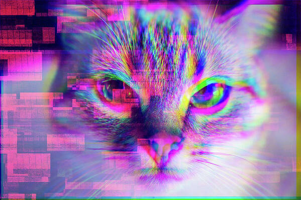 Glitch Art Print featuring the digital art Glitch Art Trippy Cat by Matthias Hauser