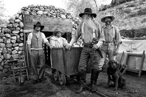 Pets Art Print featuring the photograph Gold Miners In Front Of A Mine Shaft by Jay P. Morgan