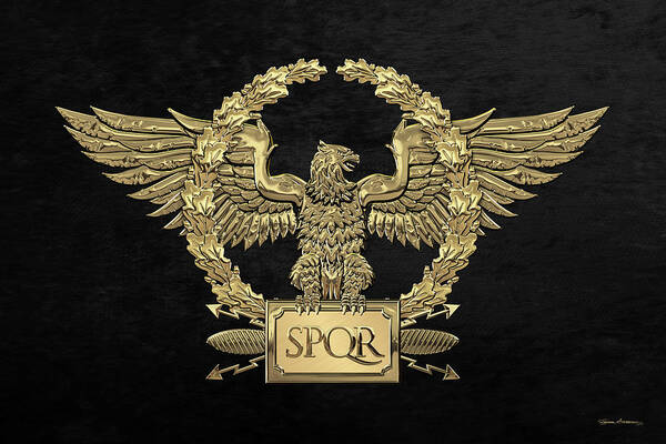 ‘treasures Of Rome’ Collection By Serge Averbukh Art Print featuring the digital art Gold Roman Imperial Eagle - S P Q R Special Edition over Black Velvet by Serge Averbukh