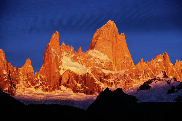 Argentina Art Print featuring the photograph Golden sunrise at Fitz Roy mountain in Argentinean Patagonia by Kamran Ali