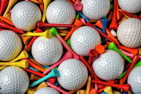 Golf Ball Art Print featuring the photograph Golf Balls And Colorful Tees by Garry Gay