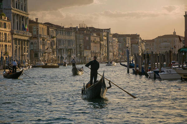 People Art Print featuring the photograph Gondoliers On The Grand Canal, Venice by Stuart Mccall