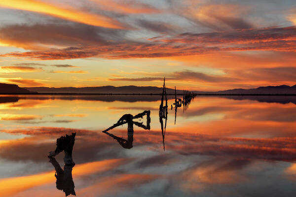 Great Salt Lake Pilings Sunset Art Print featuring the digital art Great Salt Lake Pilings Sunset 11-16 3044 by Mike Jones Photo