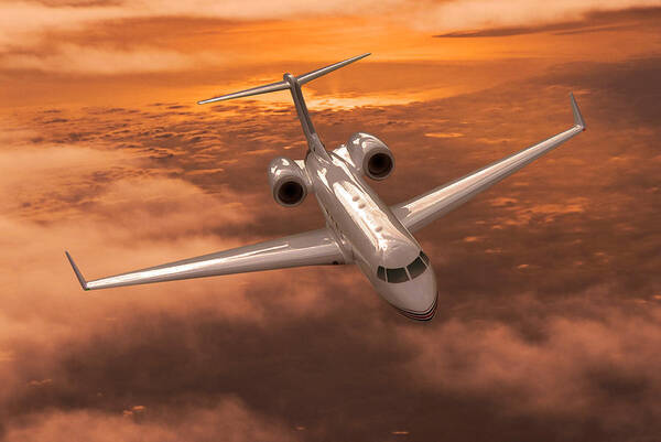 Gulfstream 550 Business Jet Art Print featuring the digital art Gulfstream 550 Out of the Sunset by Erik Simonsen