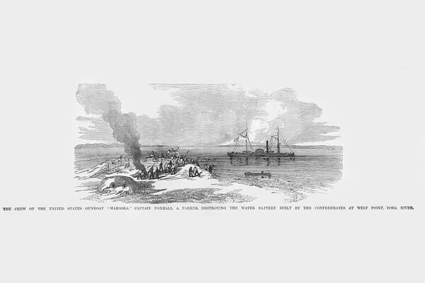 Gunboat Art Print featuring the painting Gunboat Mahaska destroys water battery at West Point, York River by Frank Leslie