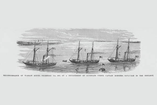 Gunboats Art Print featuring the painting Gunboats in Warsaw Sound outside of Savannah by Frank Leslie