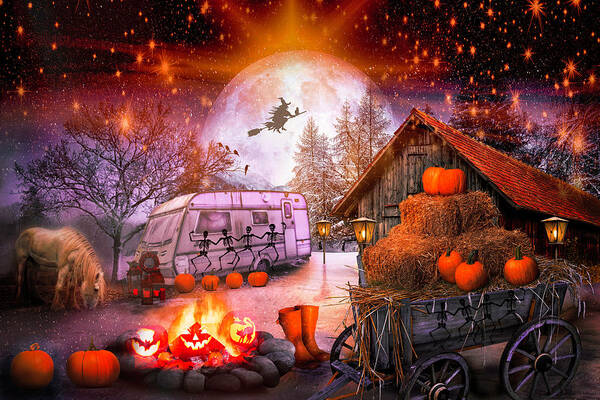 Fall Art Print featuring the digital art Halloween Fall Camping by Debra and Dave Vanderlaan