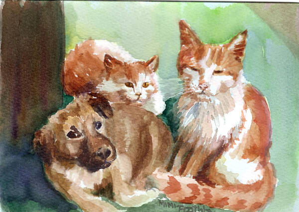 Pup And Kittens Art Print featuring the painting Hanging Out by Mimi Boothby