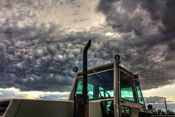 Down Our Street Clouds Storm Clouds Farm Ranch Farm Implements Farm Machinery Red Hut Elevator Under Storm Clouds Street View Grass Trees Storm Gale Windy Incoming Derelict House Old Fields Countryside Prairies Art Print featuring the photograph Harvest Pause by David Matthews