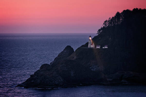 Heceta Head Lighthouse Sunset Art Print featuring the photograph Heceta Head Lighthouse Sunset by Wes and Dotty Weber