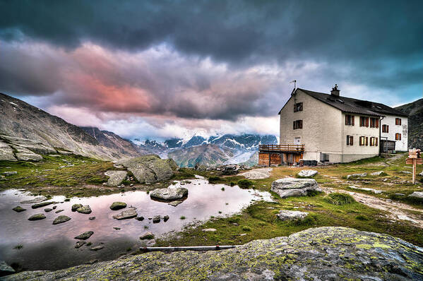 Scenics Art Print featuring the photograph High Mountain Shelter At Sunset by Scacciamosche