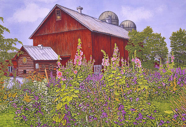 Barn With Hollyhock Gardens Around It Art Print featuring the painting Hollyhock Garden by Thelma Winter