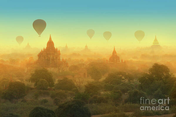 Wind Art Print featuring the photograph Hot Air Balloons In Bagan by Ugurhan