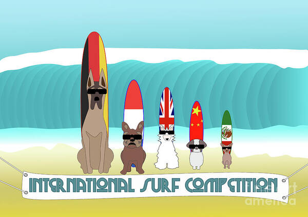 Surf Art Print featuring the digital art Funny International Surf Dog Competition by Barefoot Bodeez Art