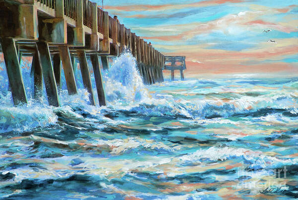 Ocean Art Print featuring the painting Jacksonville Pier Sunrise by Linda Olsen