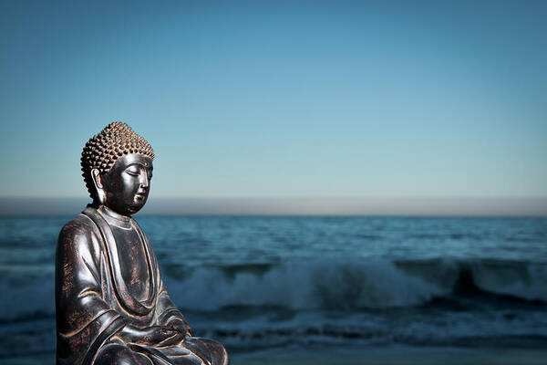 Water's Edge Art Print featuring the photograph Japanese Buddha Statue At Ocean Shore by Wesvandinter