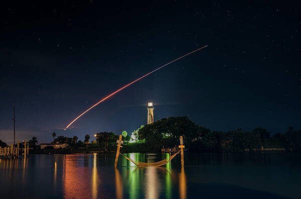 Jupiter Lighthouse Art Print featuring the photograph Jupiter Lighthouse SpaceX Rocket Launch by Kim Seng